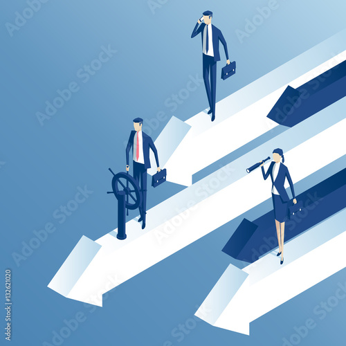 Isometric business people riding on a flying arrows, headed by a leader standing at the helm. Business concept of leadership and teamwork