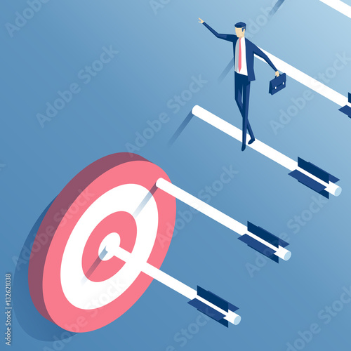 businessman goes up the stairs of arrows to the target, an employee walks down the ladder of arrows shot from a bow towards its goal. business concept the path to the goal