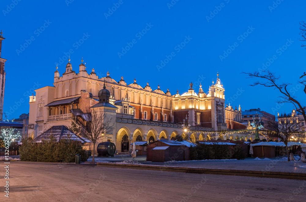 Krakow, Poland, Cloth Hall (Sukiennice) and Christmas fairs on main market square