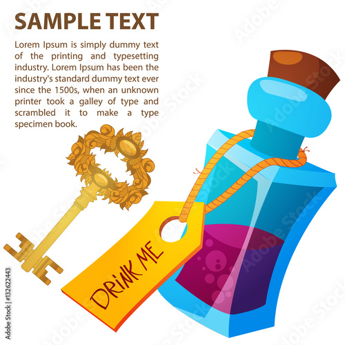 Magical elixir and golden key in a glass bottle. Illustration to the fairy tale Alice's Adventures in Wonderland. Template with place for text.