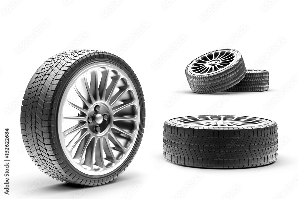 3d illustration Car wheels with a titanium disk isolated 3d illustration Car wheels with a titanium disk isolated