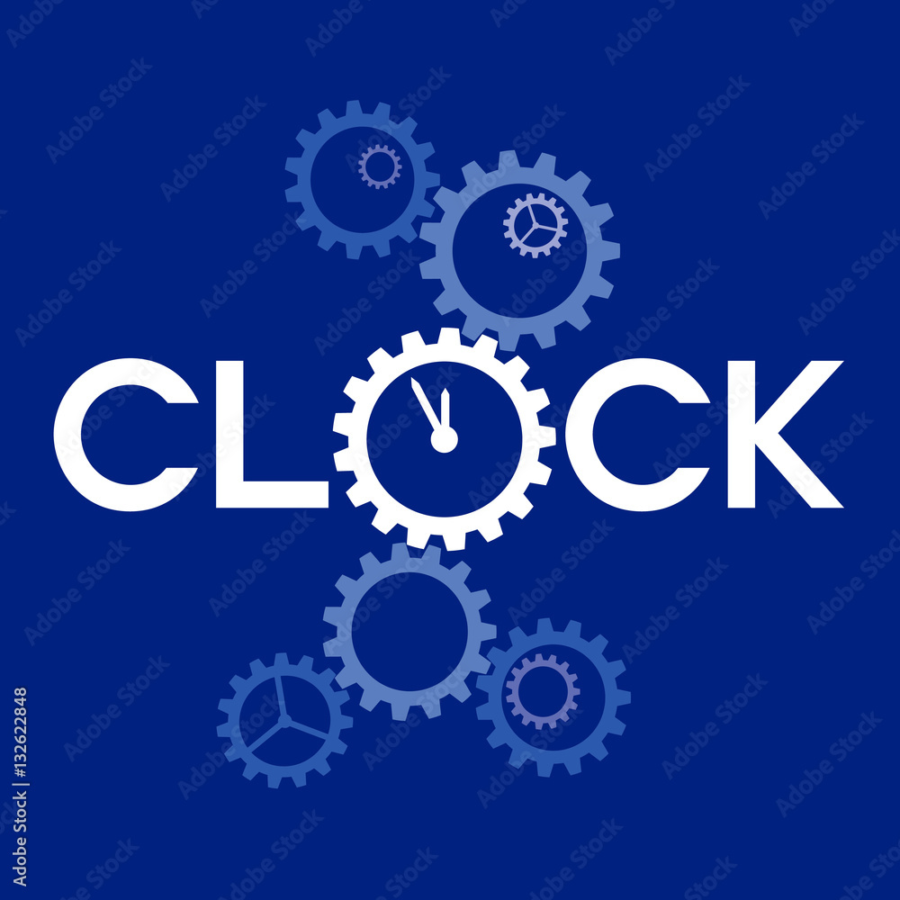 Word 'Clock' with big gear instead 'O'. Complex machinery looks like clock. Time count concept for business logo, card or poster. Flat style vector clip art on navy blue background. Word 'Clock' with big gear instead 'O'. Complex machinery looks like clock. Time count concept for business logo, card or poster. Flat style vector clip art on navy blue background.