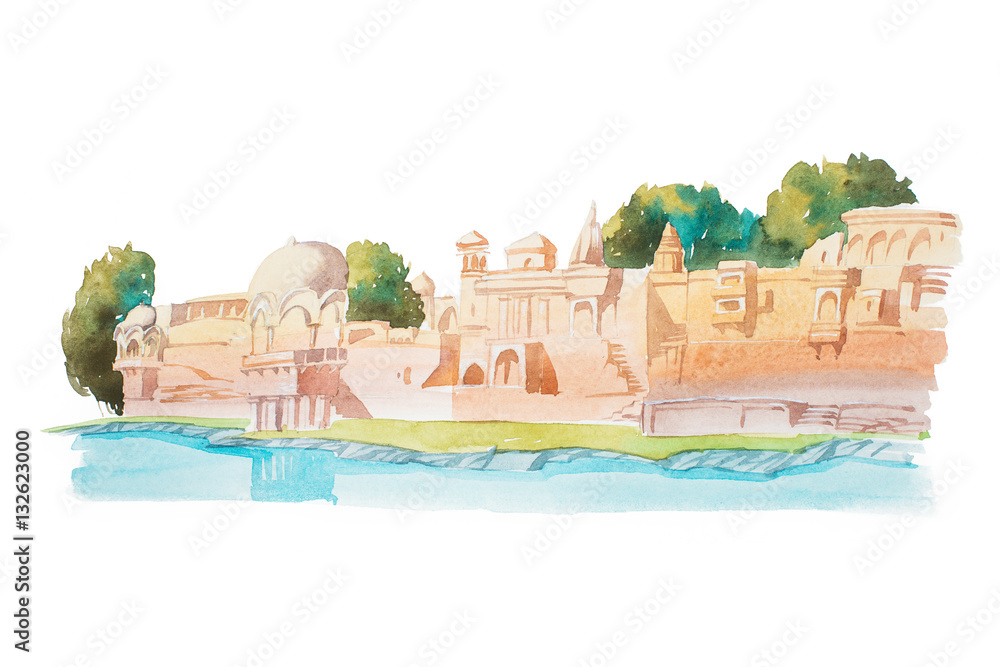Fototapeta premium Ancient houses on coastline of the river watercolor illustration.