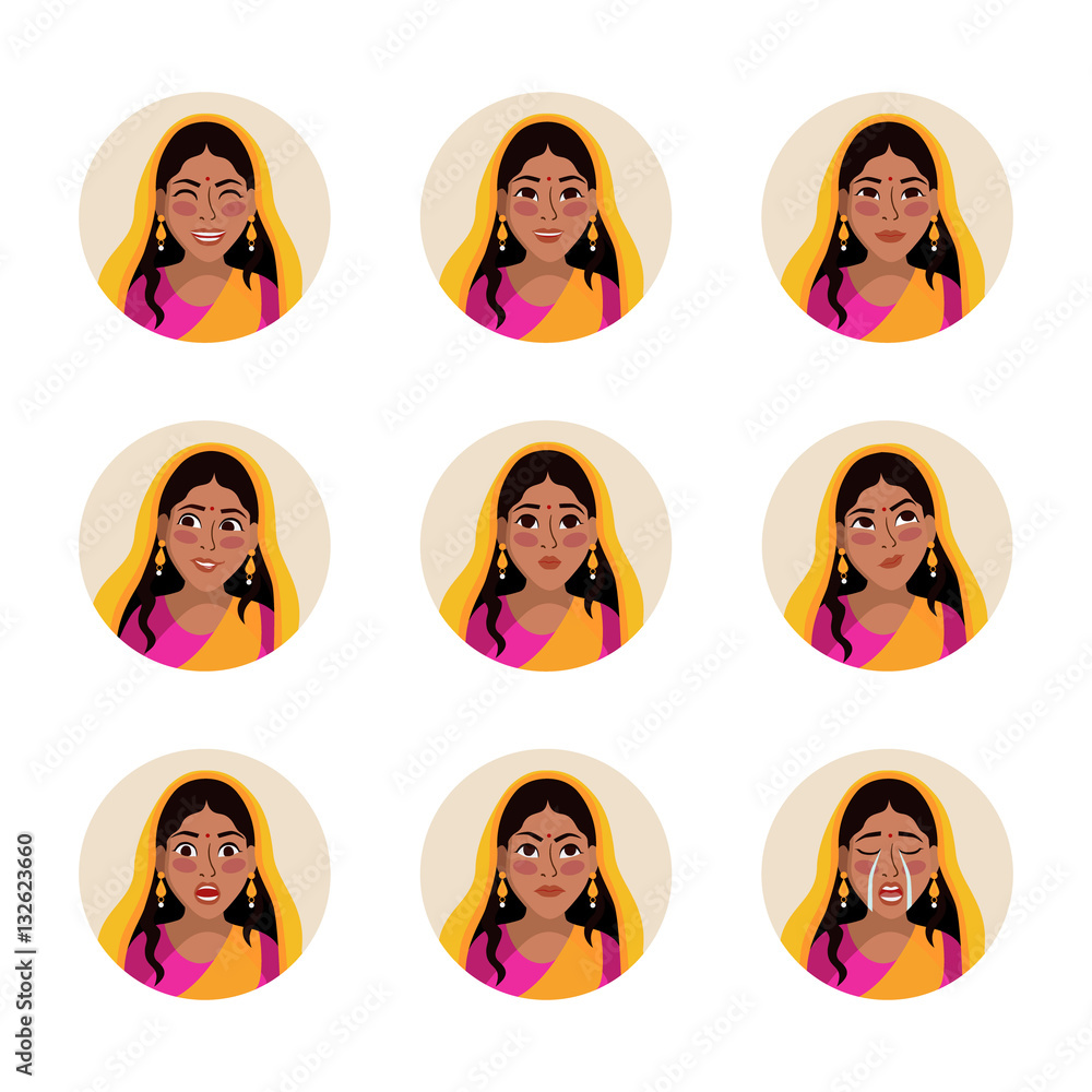 Vector set of flat illustration indian girl. Female facial expression