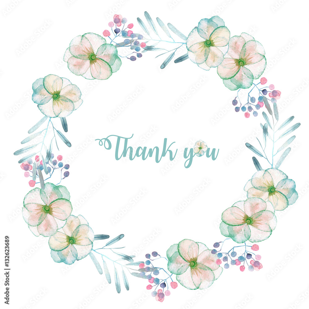 Circle frame, border, wreath with watercolor tender apple tree flowers and leaves in pastel blue shades, hand drawn on a white background