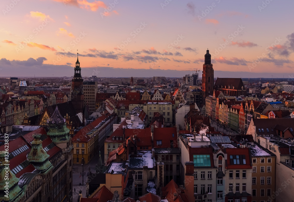 View on the Wroclaw old town at sunset Poland, Europe.