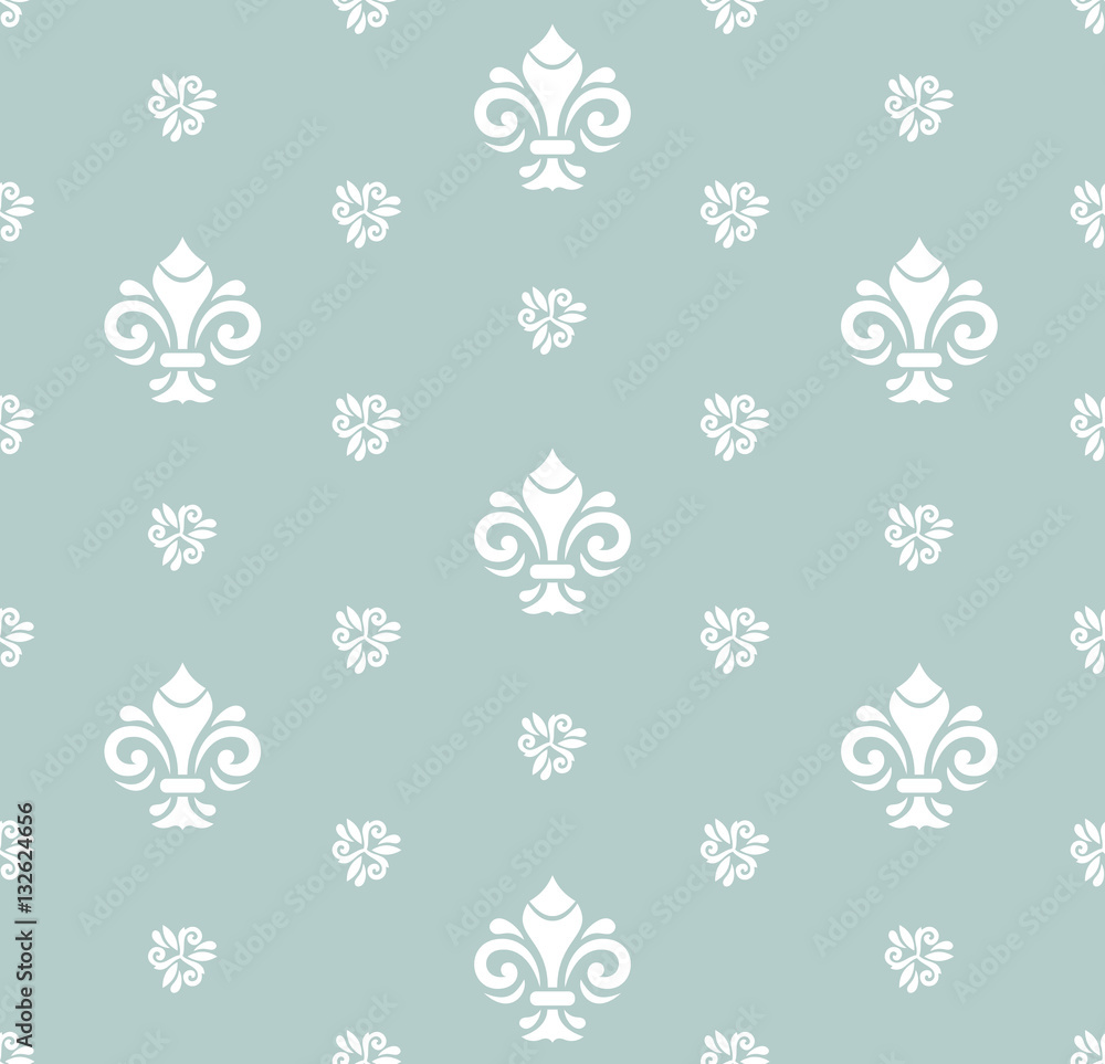 Seamless vector light blue and white pattern. Modern geometric ornament with royal lilies. Classic vintage background Seamless vector light blue and white pattern. Modern geometric ornament with royal lilies. Classic vintage background