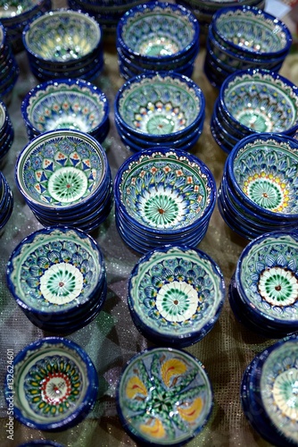 Ceramic utensils, plates and bowls on fair