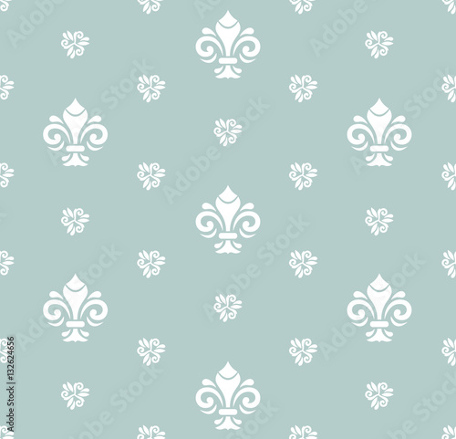 Seamless vector light blue and white pattern. Modern geometric ornament with royal lilies. Classic vintage background