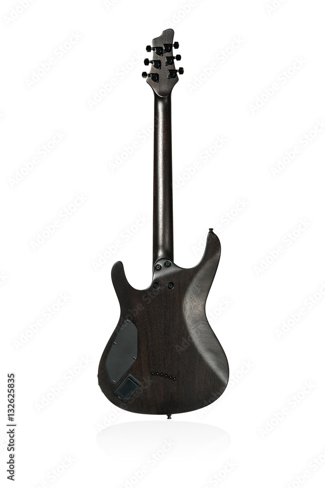 Obraz premium Black classical six-string electric guitar, rear view. Isolated on white background