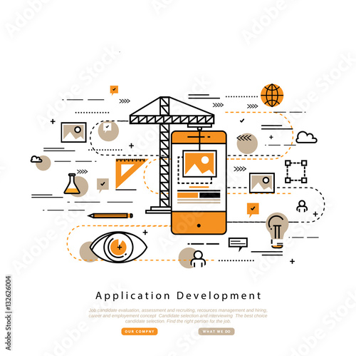 Application development flat line business vector illustration design banner, software API prototyping and testing background. Smartphone interface building process, website coding concept 