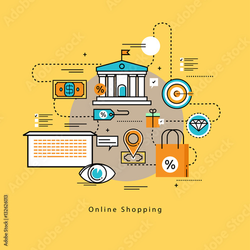 Flat line modern corporate business vector illustration design and infographic elements for shopping, e-commerce, m-commerce services, digital promotion, discounts, sale, internet and online shopping