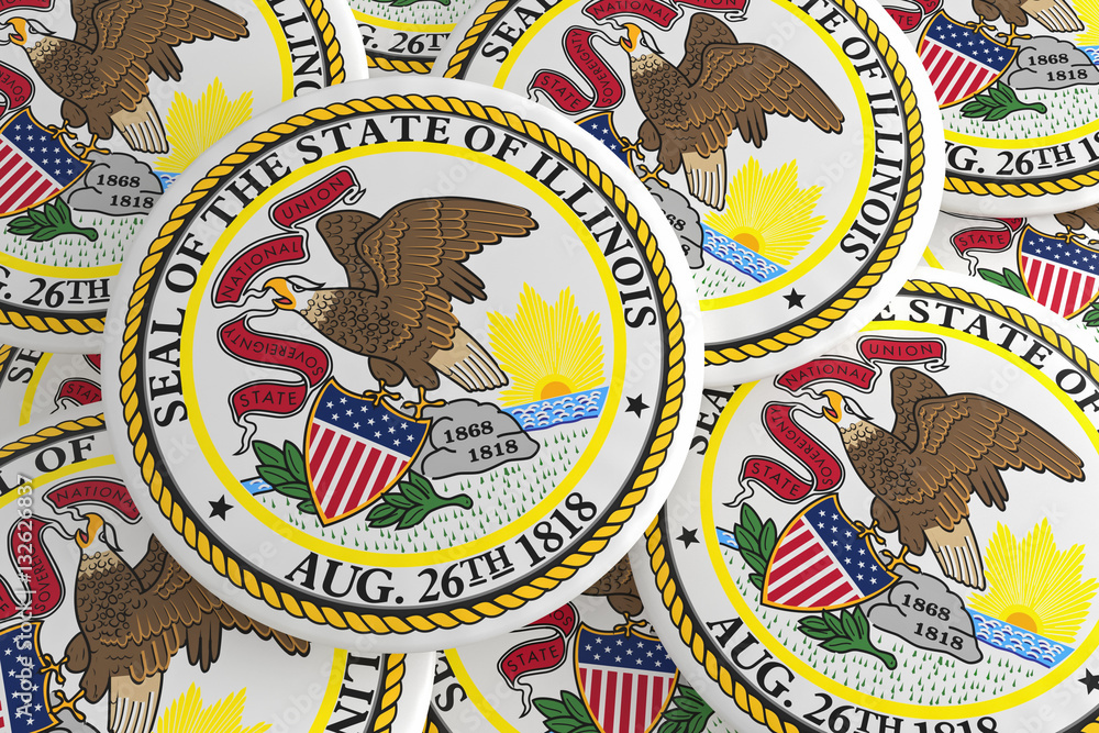 US State Buttons: Pile of Illinois Flag Badges, 3d illustration