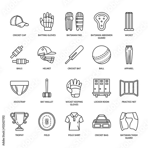 Vector line icons of cricket sport game. Ball, bat, wicket, helmet, batsman gloves. Linear signs set, championship pictograms with editable stroke for event, equipment store.