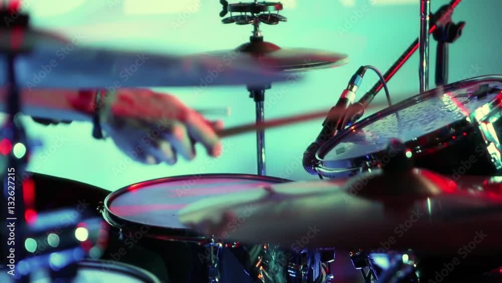 Drums close up. Drum roll, hihat. Concert rock band performing on