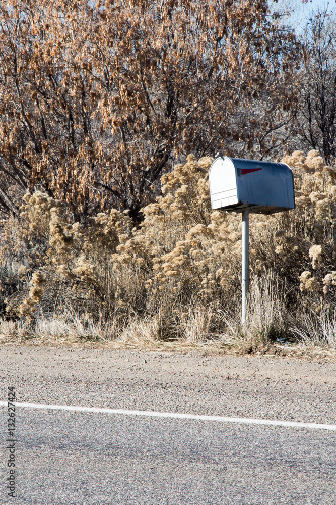 Rural metal mailbox along a paved road among dry, dead bushes Rural metal mailbox along a paved road among dry, dead bushes