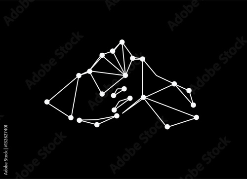 Snow mountains peak (Everest) logo.  Art of points and lines. Black background. Can be used as sports badge, emblem of mineral water, tourism banner, travel icon, sign, decor...