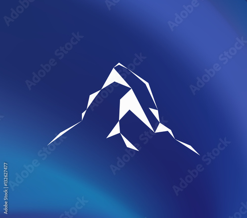 Snow mountains peak (Matterhorn) logo. Can be used as sports badge, emblem of mineral water, tourism banner, travel icon, sign, decor... Blue background.