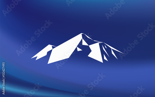 Snow mountains peak (Everest) logo. Much white triangles. Blue background. Can be used as sports badge, emblem of mineral water, tourism banner, travel icon, sign, decor...