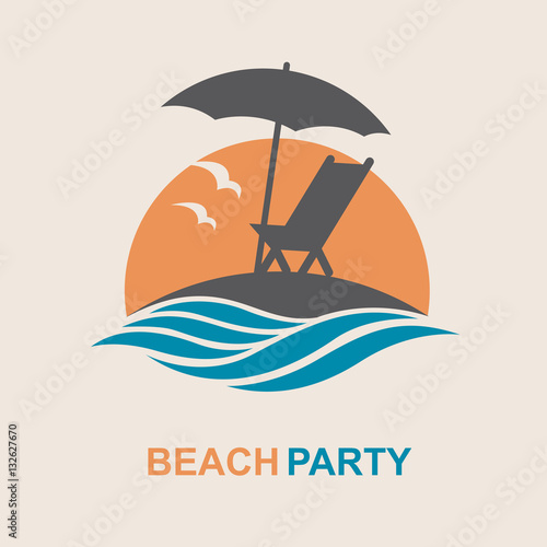 emblem of summer vacation with reclining chair and umbrella on island