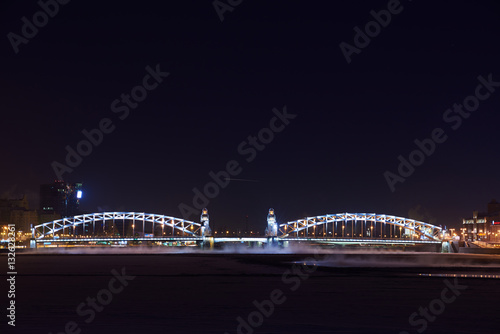 Showplace of Saint-Petersburg. Piter the great bridge in winter night. Tourist place.
