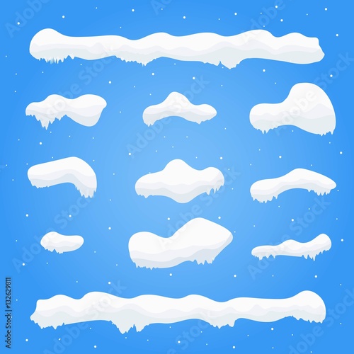 Snow caps, snowballs and snowdrifts set. Winter decoration element. Snowy elements on blue background. Cartoon template. Snowfall and snowflakes in motion.Vector Illustration.