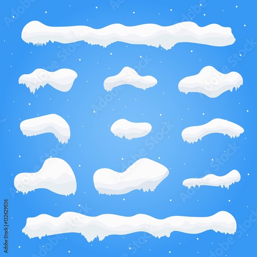 Snow caps, snowballs and snowdrifts set. Winter decoration element. Snowy elements on blue background. Cartoon template. Snowfall and snowflakes in motion.Vector Illustration.
