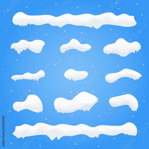 Snow caps, snowballs and snowdrifts set. Winter decoration element. Snowy elements on blue background. Cartoon template. Snowfall and snowflakes in motion.Vector Illustration.