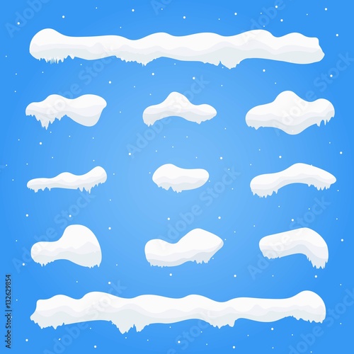 Snow caps, snowballs and snowdrifts set. Winter decoration element. Snowy elements on blue background. Cartoon template. Snowfall and snowflakes in motion.Vector Illustration.