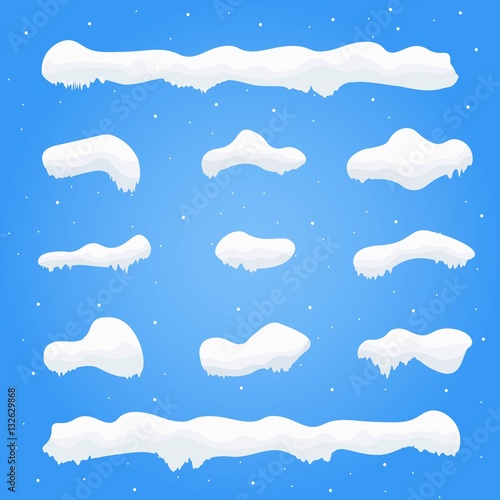 Snow caps, snowballs and snowdrifts set. Winter decoration element. Snowy elements on blue background. Cartoon template. Snowfall and snowflakes in motion.Vector Illustration.