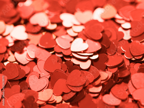 Red hearts, Valentine's Day blured background, love holiday confetti