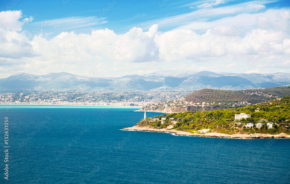 Cote d'Azur France. Beautiful panoramic aerial view city of Nice, France. Luxury resort of French riviera Cote d'Azur France. Beautiful panoramic aerial view city of Nice, France. Luxury resort of French riviera