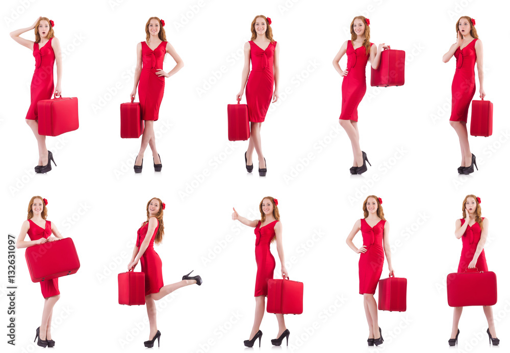 Young woman in red dress with suitcase isolated on white Young woman in red dress with suitcase isolated on white