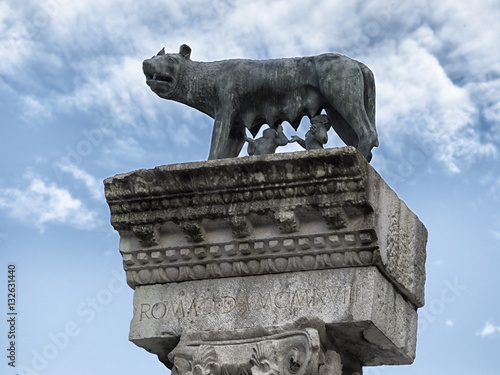 Column with capitoline Wolf statue, legend of Rome © alan_p