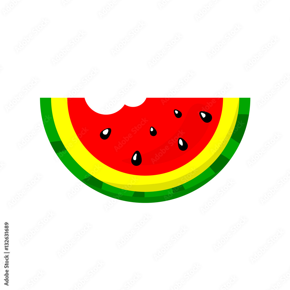Watermelon slice isolated on white. Sticker, patch of glossy red fruit, juice, seeds, green stripes. Summer symbol. Vector cartoon flat modern fashion comic style for print, t-shirt, web design Watermelon slice isolated on white. Sticker, patch of glossy red fruit, juice, seeds, green stripes. Summer symbol. Vector cartoon flat modern fashion comic style for print, t-shirt, web design