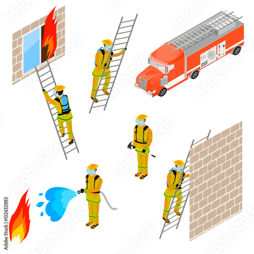 Set firefighters in isometric view isolated on a white background. A fire truck with a ladder. Firefighter extinguishes fire with water hoses.