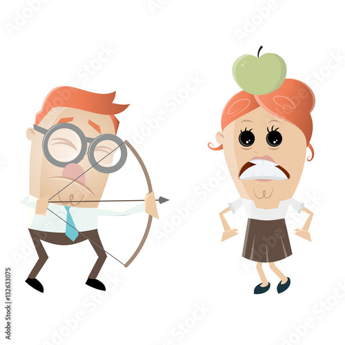 visually impaired man aiming at a woman with an apple on her head