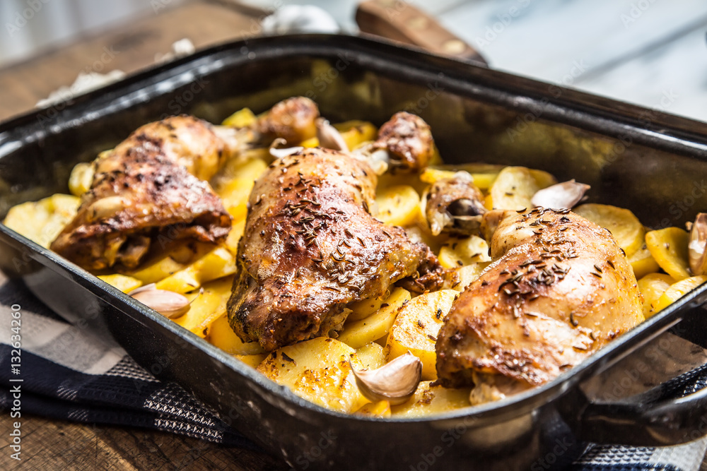 Roasted chicken leg with potatoes with caraway and garlic. Roasted chicken leg with potatoes with caraway and garlic.