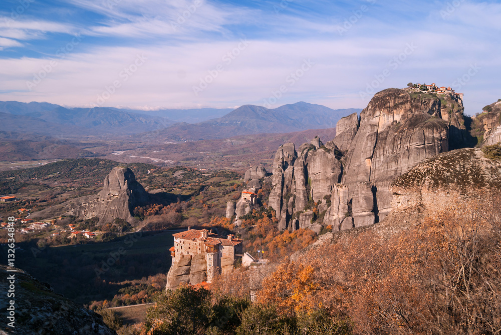 Hanging monastery at Meteora of Kalampaka in Greece. The Meteora