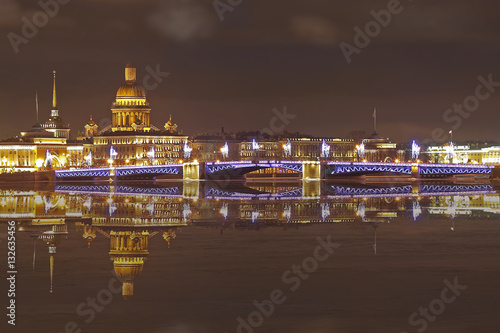 Saint-Petersburg, St. Isaac's Cathedral and the Palace Bridge at night Christmas decoration