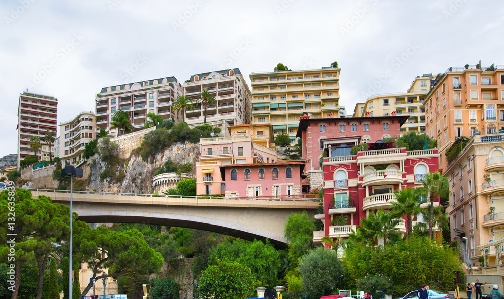 Fototapeta premium City of Monte Carlo street view. Road junction and residential buildings with luxury apartments