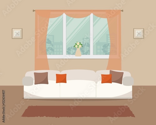 Living room in orange color. There is a white sofa with pillows on a window background in the picture. Vector flat illustration.