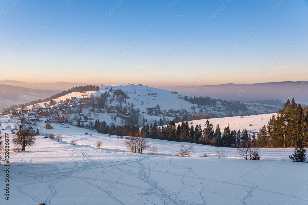 Winter landscape of Podhale at sunset