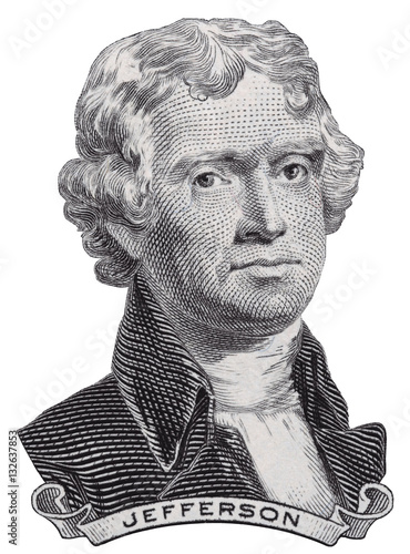 US President Thomas Jefferson face on USA two dollar bill macro isolated, United States of America money closeup photo