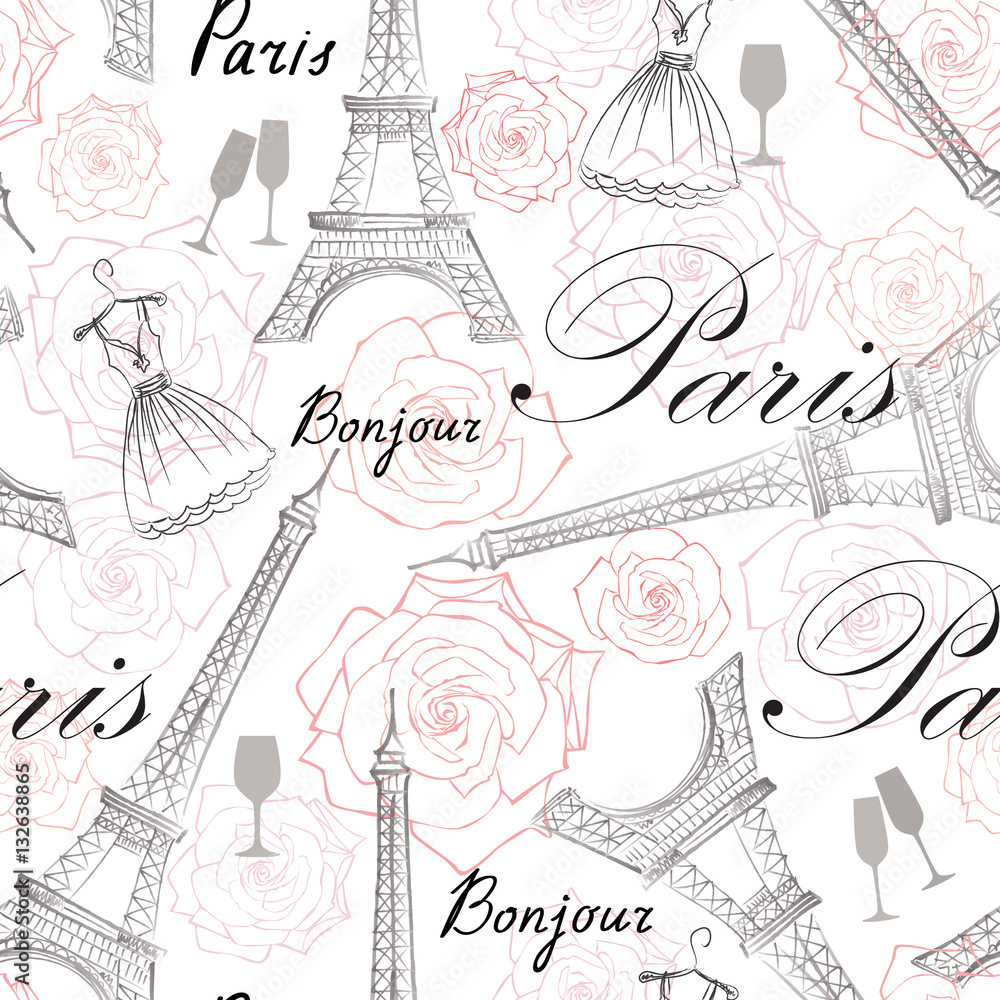 Paris city seamless pattern. Travel France tile background with Eiffel Tower