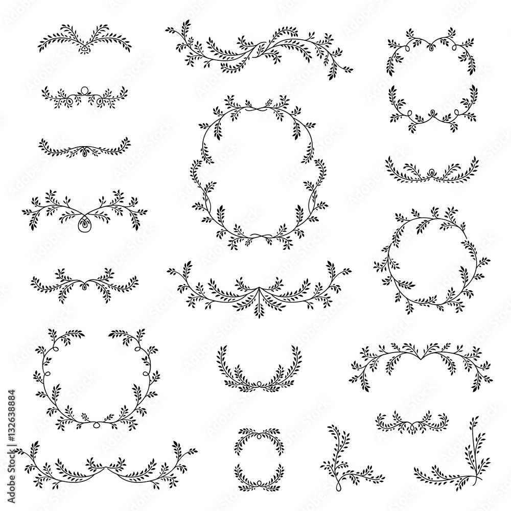 Obraz premium Floral frame, border, wreath, dividers, calligraphic shapes set.