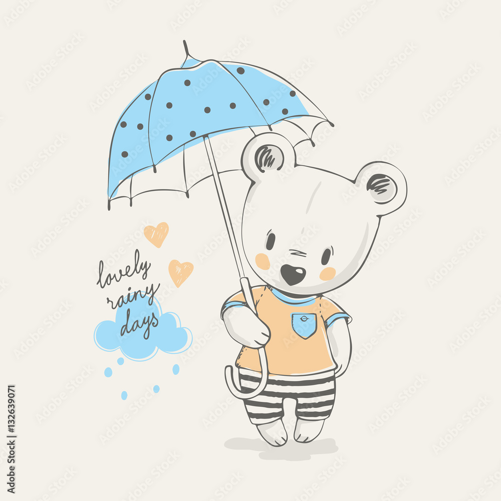 Obraz premium Cute little bear with umbrella cartoon hand drawn vector illustration. Can be used for baby t-shirt print, fashion print design, kids wear, baby shower celebration greeting and invitation card.