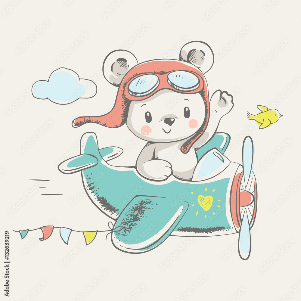 Obraz premium Ładny mały miś latający na samolocie kreskówka ręcznie rysowane ilustracji wektorowych. Może być stosowany do nadruku na koszulce dla dzieci, projektowania modowego nadruku, odzieży dziecięcej, powitania z okazji urodzin baby shower i karty z zaproszeniem