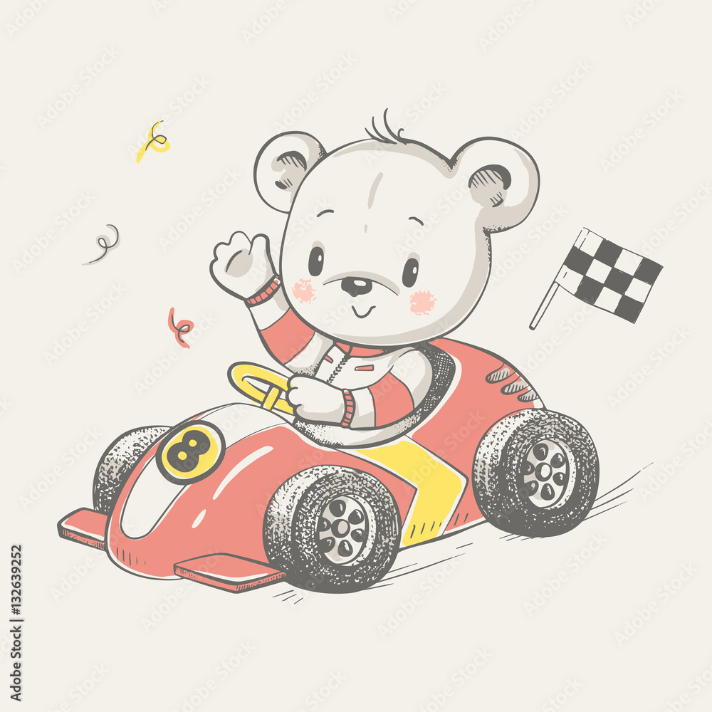 Obraz premium Cute little bear driving a car cartoon hand drawn vector illustration. Can be used for baby t-shirt print, fashion print design, kids wear, baby shower celebration greeting and invitation card.