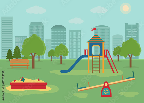 Children's playground with swings, a slide, a sandpit. Vector illustration
